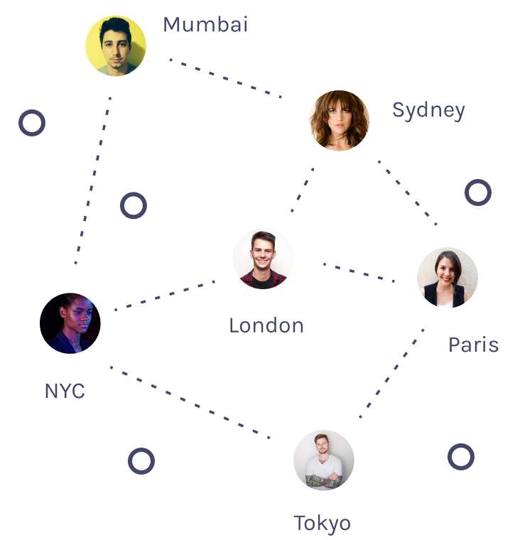 Headshots of diverse students in various cities, linked together by a network of dotted lines symbolizing global connection and collaboration.
